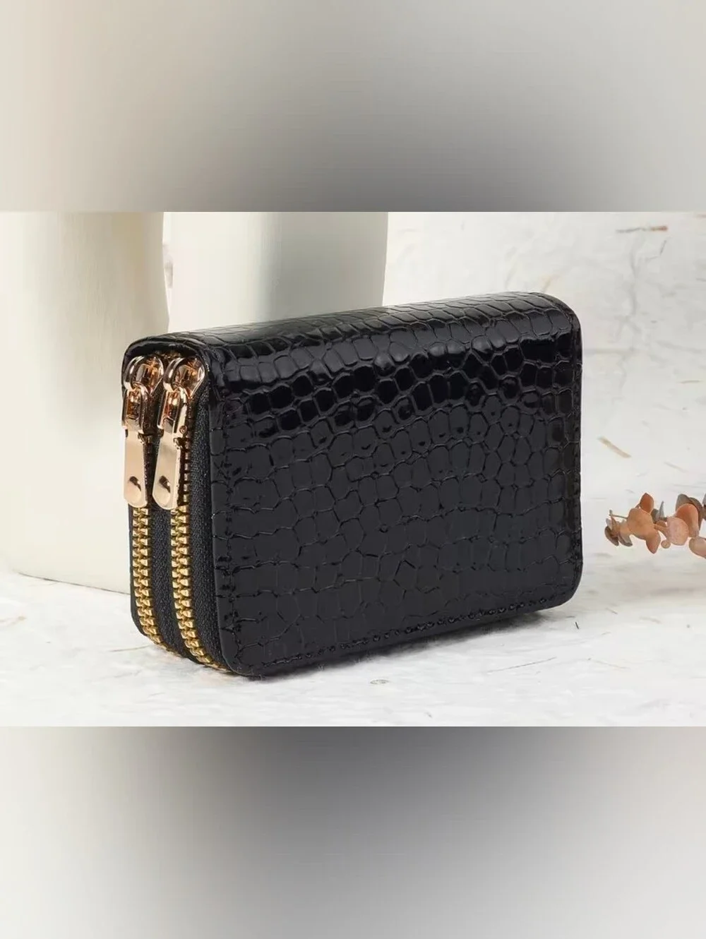 NEW - Compact Black Croc-Embossed Double-Zip Wallet with Gold Hardware
